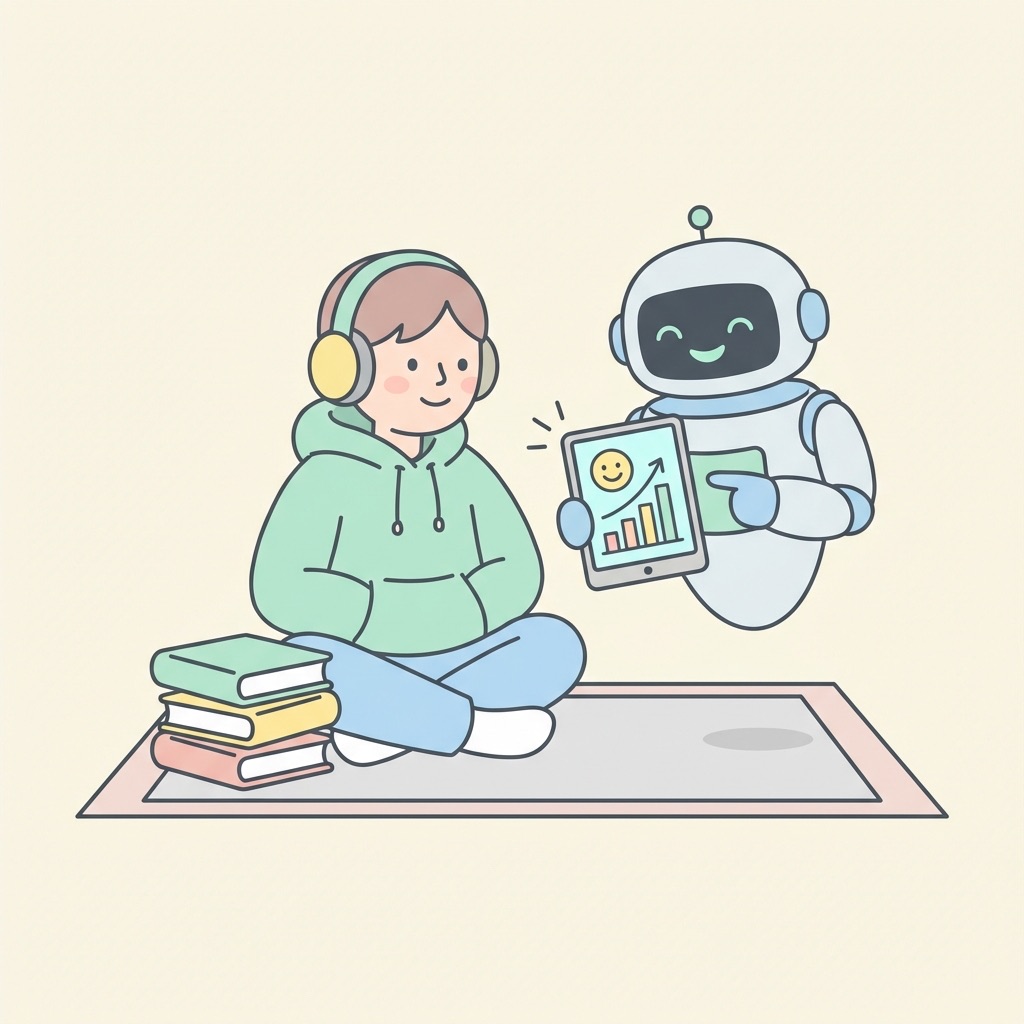 语言学习插图,展示学生、进度图表和AI助手