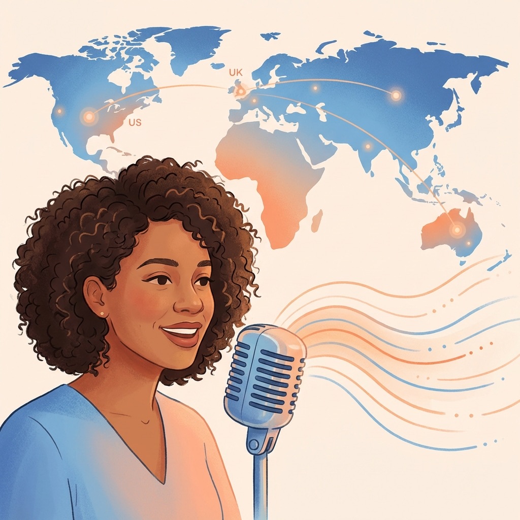 Illustration of diverse people speaking different languages with microphone and phonetic symbols